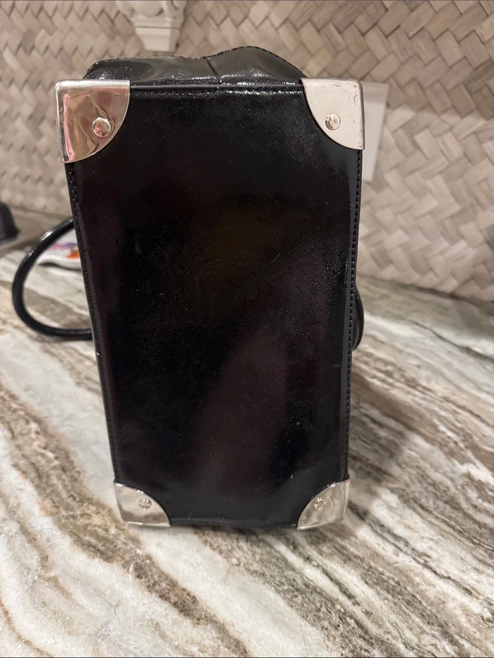 Patent Black and Cream Satchel with Silver Accents